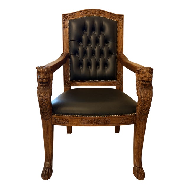 Hand-Carved Armchair with Lion Motifs For Sale