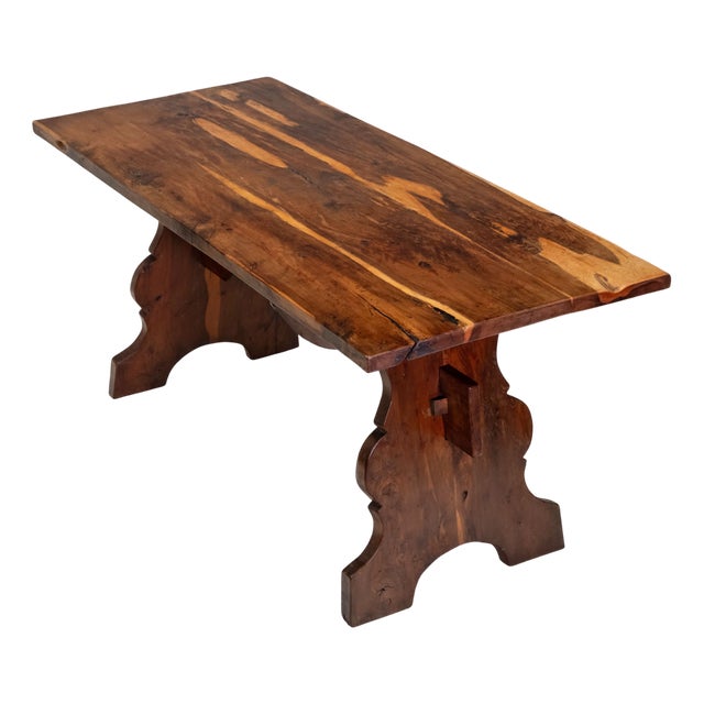 Vintage English Yew Wood Trestle Dining Table, 1960s For Sale