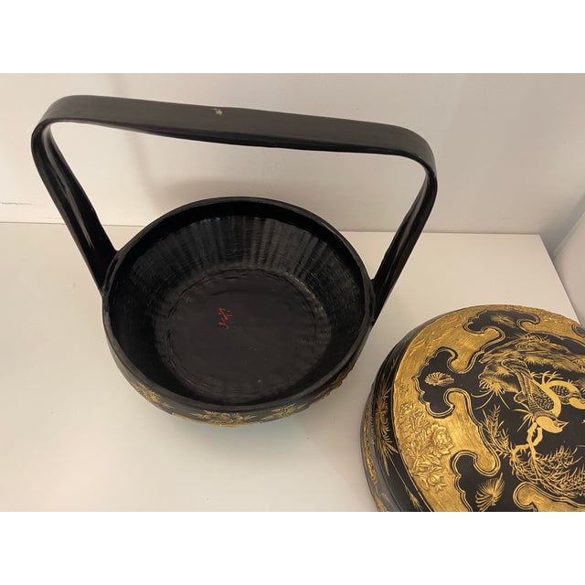 Vintage Chinoiserie Black Lacquer & Raised Gold Gilt Tiered Chinese Wedding Basket For Sale - Image 9 of 9