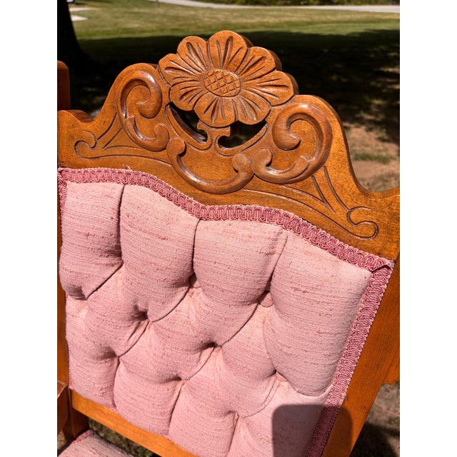 Brown Antique Eastlake Victorian Parlour Side Chair With Pink Dupioni Silk Upholstery For Sale - Image 8 of 12