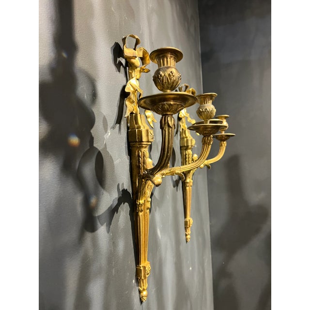 Metal 1920's Frecnh Gilt Bronze Sconces With Ribbon - Pair For Sale - Image 7 of 9