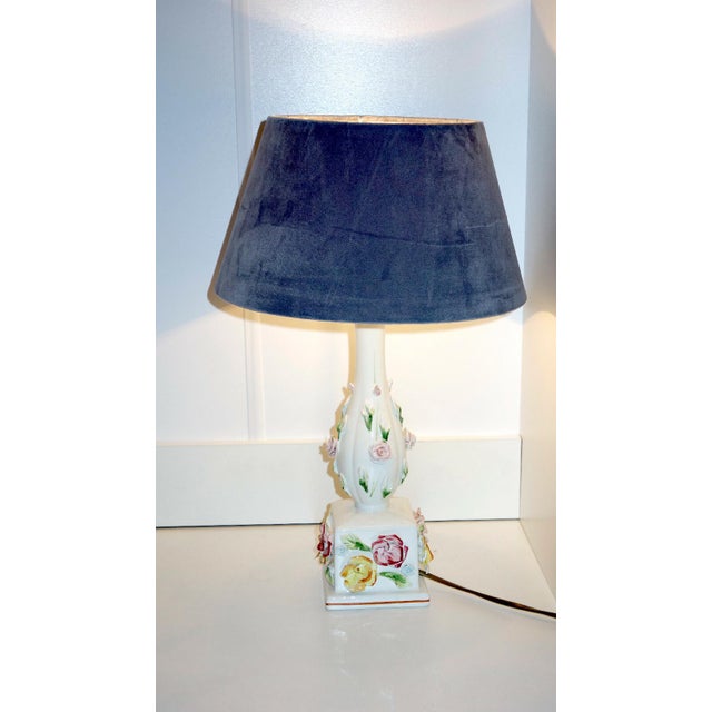 Vintage Italian Porcelain Fabric Shade Table Lamp, 1970s, in Very Good conditions. Designed 1970 to 1979 This piece has an...