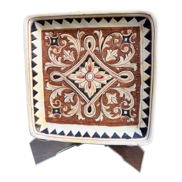 Mid 20th Century Italian Maiolica Sgraffito Square Tray Dish — Tuscan Folk Art For Sale