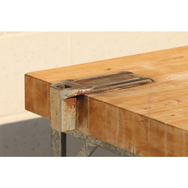 1950s Industrial Butcher Block Workstation Table With Steel Frame, Drawer & Removable Galvanized Trays For Sale - Image 4 of 18