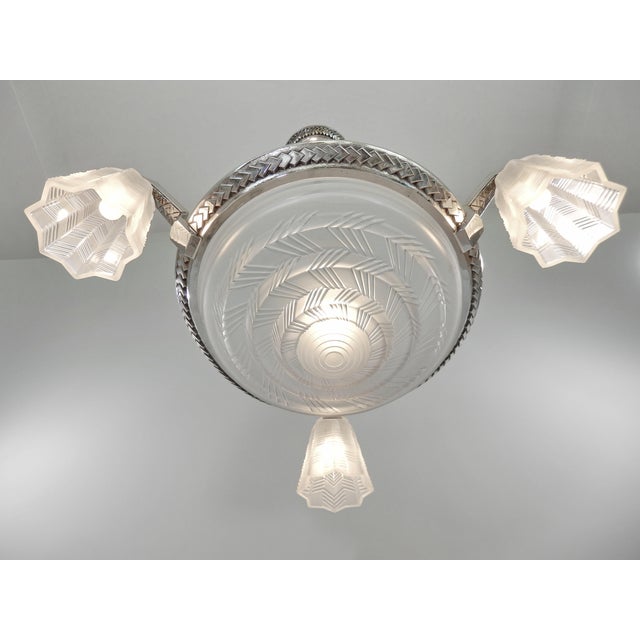 Metal 1930s French Art Deco Chandelier by Petitot - Stepped Chevron Geometric Glass For Sale - Image 7 of 10
