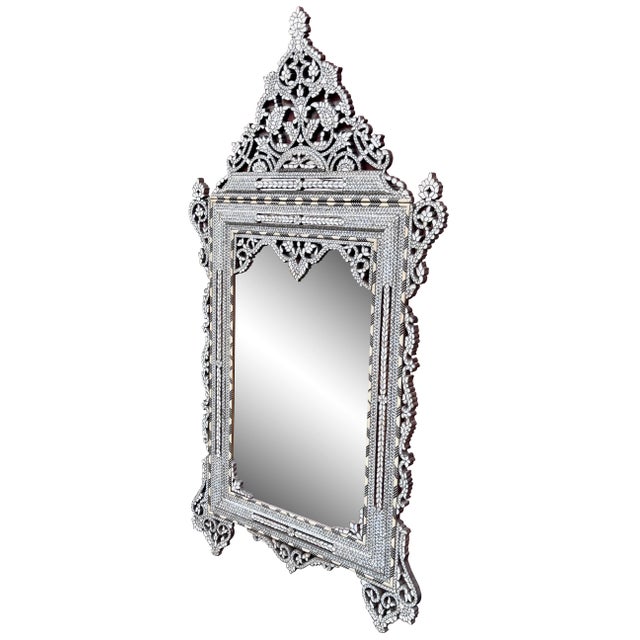 Moroccan Vintage White Mother of Pearl Inlaid Middle Eastern Mirror Frame For Sale - Image 3 of 4