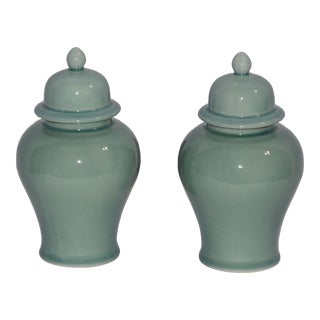 Vintage Seymour Mann Miniature Green Celadon Porcelain Ginger Jars - a Pair For Sale