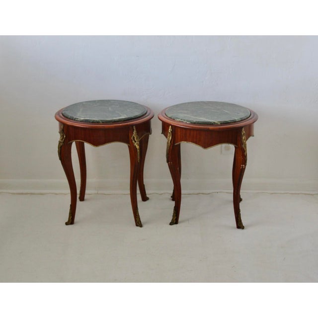 French Late 20th Century French Louis XV Style Occasional Side Tables Feature Green Marble Tops, Non-Identical-a Pair For Sale - Image 3 of 18