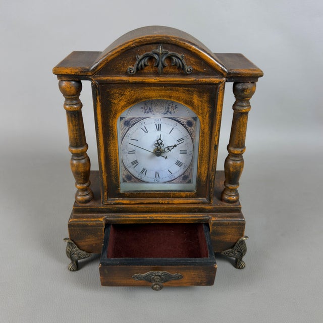 Vintage Table Clock Support Pendulum Temple Wood Columns Drawer For Sale - Image 6 of 11