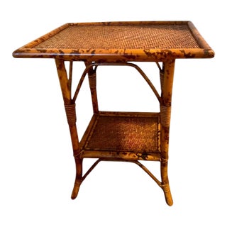 1970s Vintage Tortoise Bamboo and Rattan Side Table With Lower Shelf For Sale