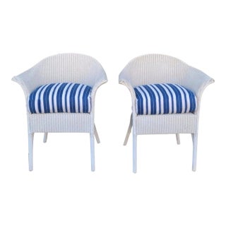 Signed Lloyd Loom White Wicker Chairs W/ Antique Ticking Cushions For Sale
