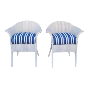 Signed Lloyd Loom White Wicker Chairs W/ Antique Ticking Cushions
