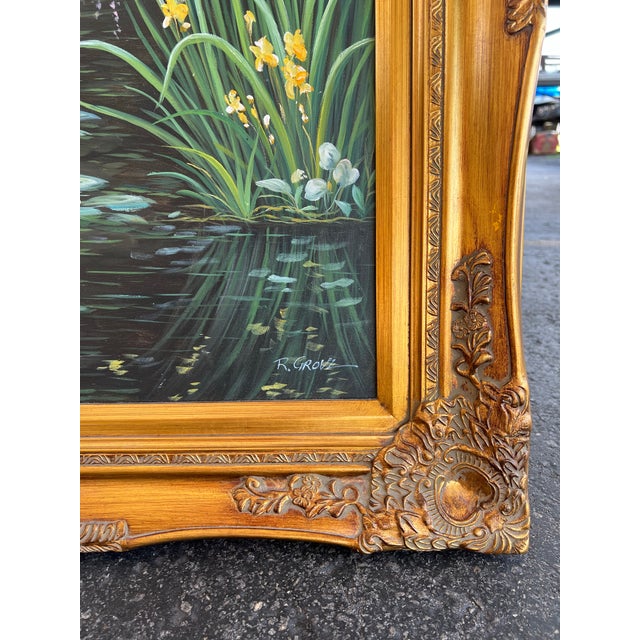 Late 20th Century Impressionist Painting of Lily Pond Framed Signed by R Grove For Sale - Image 4 of 7