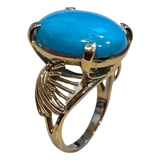 Vintage 12 Ct Natural Oval Sleeping Beauty Turquoise Ring, 14 Kt Yellow Gold For Sale