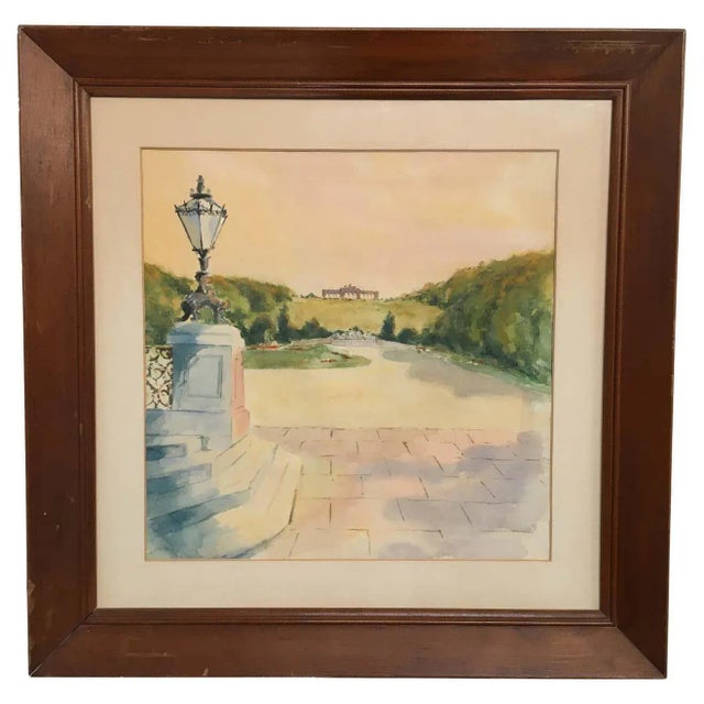 Green Watercolor of a French Castle by Unknown Artist For Sale - Image 8 of 8