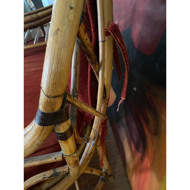 Vintage Boho Chic Bamboo Gossip Bench With Original Seat and Back Cushions, Original Glass Top on Table. In Immaculate Condition. For Sale - Image 9 of 10