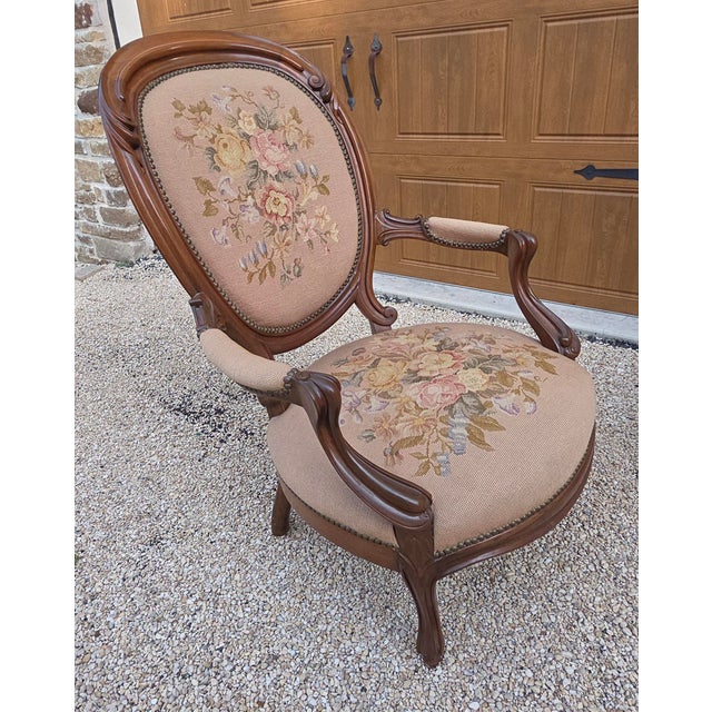 Victorian Floral Needlepoint Tapestry Covered Armchair For Sale - Image 4 of 12
