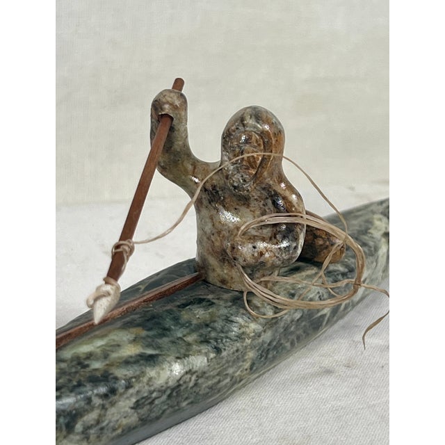 Rustic Vintage Alaskan Inuit Style Soapstone Kayak Hunter Sculpture by Chuck Poupart For Sale - Image 3 of 7