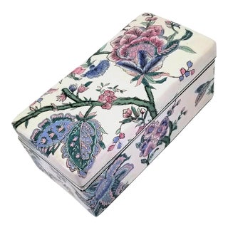 Large Chinese Famille Rose Porcelain Box - Asian Mid Century Modern Palm Beach Boho Chic Tropical Tree Leaves For Sale