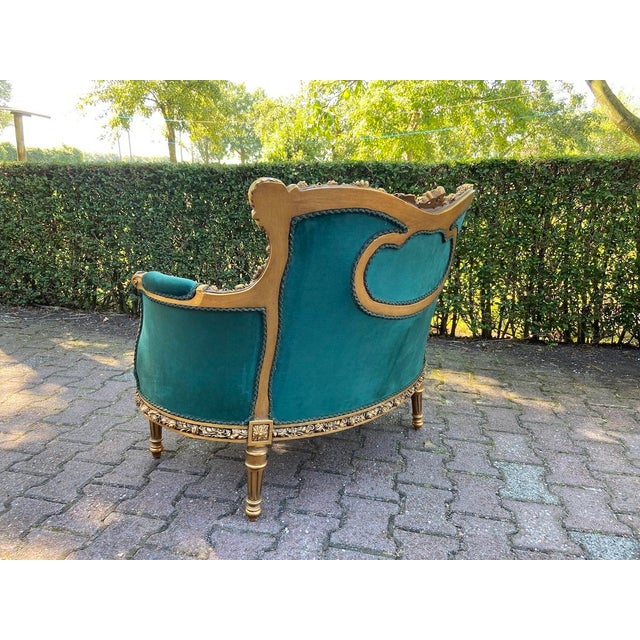 1980 French Artisan Louis XVI Gold Green Velvet Settee For Sale - Image 10 of 12