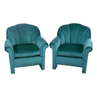 1980’s Art Deco Revival Hollywood Regency Channeled Fan Back Club Chairs W/Teal Chenille Fabric by Perfection Furniture, a Pair For Sale