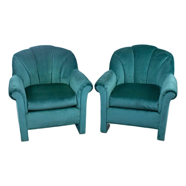 1980’s Art Deco Revival Hollywood Regency Channeled Fan Back Club Chairs W/Teal Chenille Fabric by Perfection Furniture, a Pair For Sale