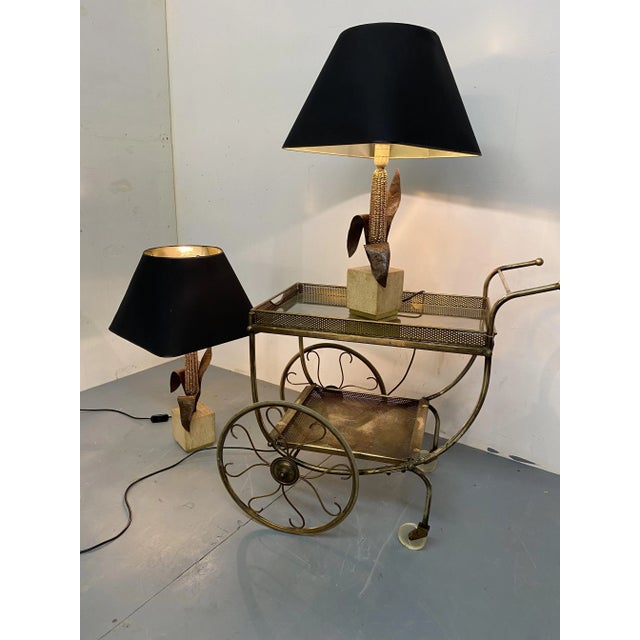 Vintage Bronze, Brass and Travertin Table Lamps from Maison Charles, 1970s, Set of 2 For Sale - Image 9 of 13