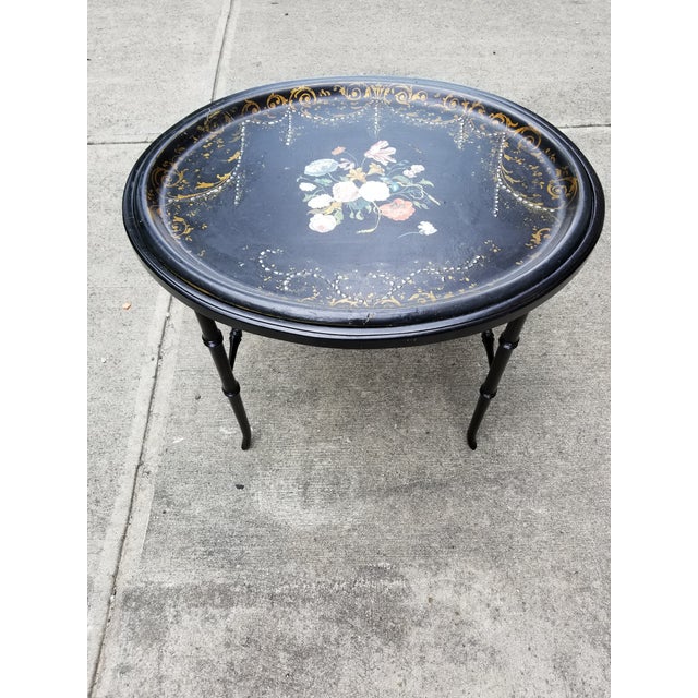 Antique Victorian Paper Mache Mother of Pearl Inlay Coffee Tray Table