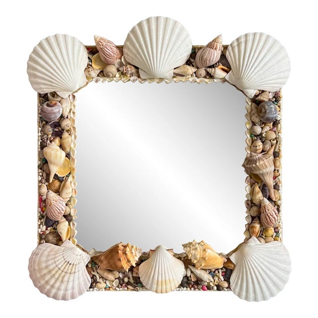 Vintage Square Seashell Shell Encrusted Mirror For Sale