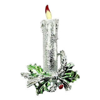 1970s Vintage Boho Chic Americana Silver Tone Candle Christmas Brooch, Ancer Inc For Sale