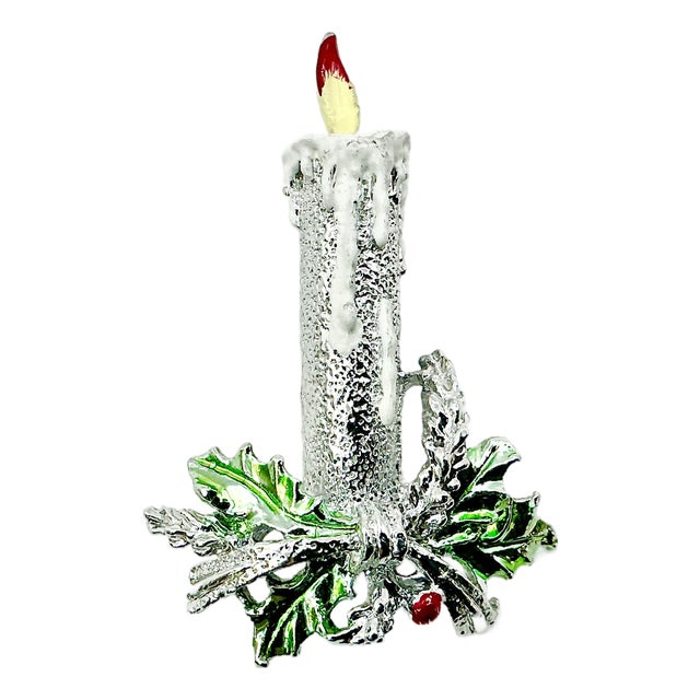 1970s Vintage Boho Chic Americana Silver Tone Candle Christmas Brooch, Ancer Inc For Sale