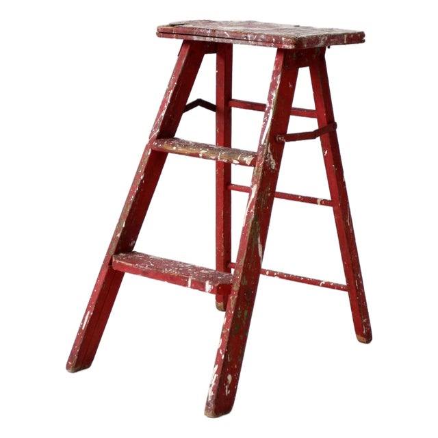 Vintage Red Wooden Step Ladder For Sale