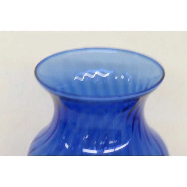 Indiana Glass Style Cobalt Blue Optic Swirl Hand Blown Vase For Sale - Image 4 of 12