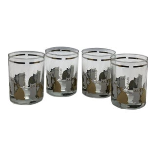 Mid Century Georges Briard Cat 22kt Gold & White Low Ball Cocktail Glasses, Signed Barware Set of 4 For Sale