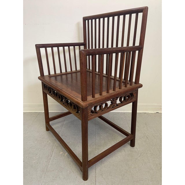 1970s 1970s Antique Official’s Arm Chair Wooden Huanghuali Style Spindle Back. Walnut Tone For Sale - Image 5 of 9