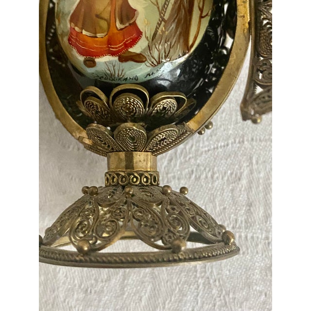Vintage Fedoskino Russian Triptych Brass Filigree With Lacquer Egg Shape With Father Frost and the Snow Maiden Signed M. Izotova. For Sale - Image 13 of 15