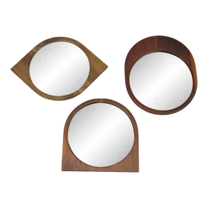 Mid Century Danish Modern Sculpted Teak Wood Mirrors - 3 Pieces
