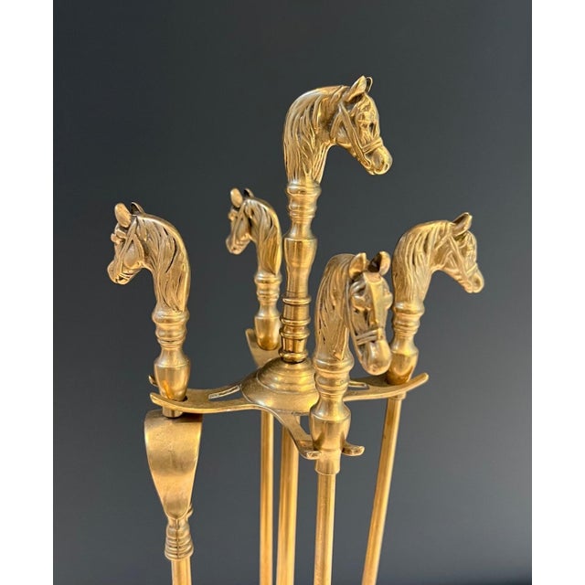 Neoclassical style brass horse fireplace tools For Sale - Image 4 of 12