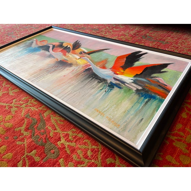 “Flamingos in Flight” | Large Abstract Flamingo Painting by Michael Moulton, 44” W For Sale - Image 4 of 12