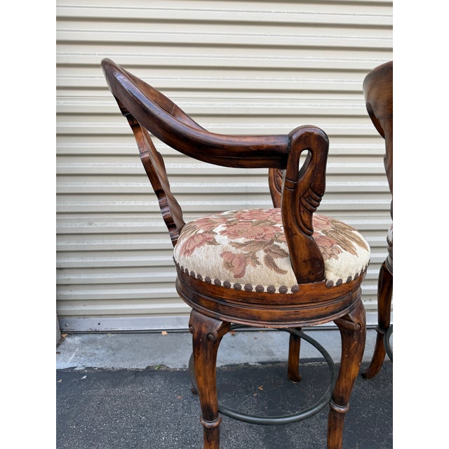 Brown Maitland Smith Style Swivel Bar Stools - Carved Wood, Upholstered Seats, Priced to Sell For Sale - Image 8 of 11