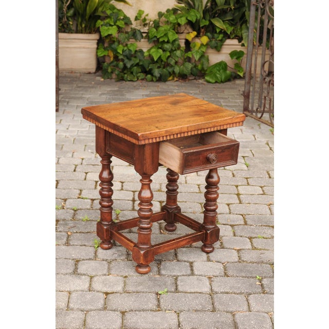 Brown Italian 1870s Walnut Side Table with Dentil Molding, Drawer and Turned Base For Sale - Image 8 of 11