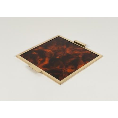 Midcentury amazing square serving tray in faux tortoiseshell-effect acrylic and brass in the style of Christian Dior. Made...