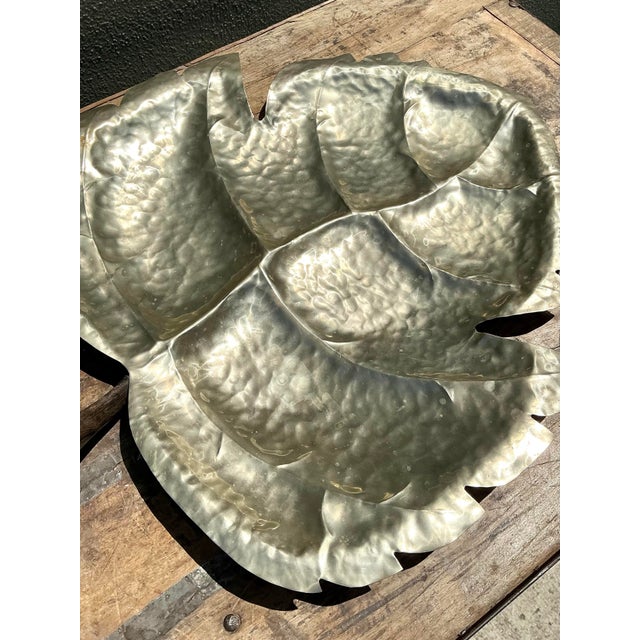 Metal Vintage Hammered Metal Leaf Tray With Horn Handle For Sale - Image 7 of 12