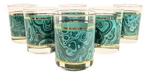 Set of 6 Vintage Malachite and Gold Glasses