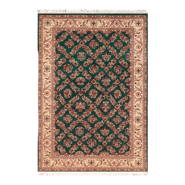 Shabby Chic 1990's Floral Pak-Persian Green/Ivory Wool Rug - 6'1'' X 9'2'' For Sale