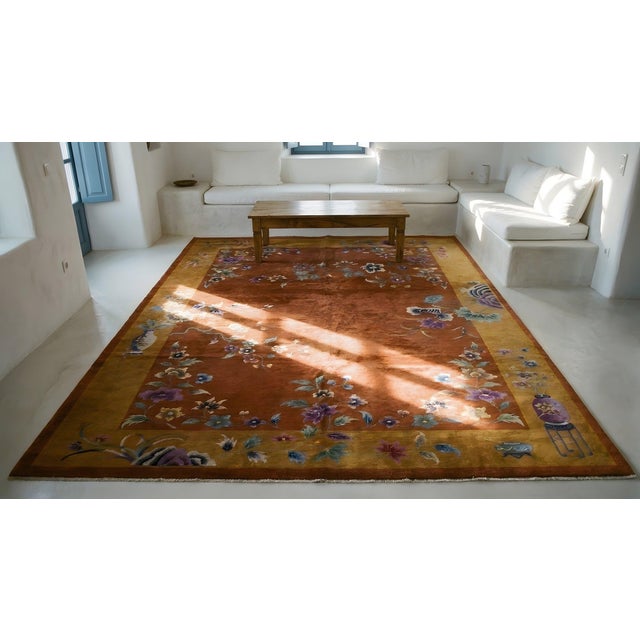 1920s Orange Pumpkin Floral Antique Chinese Art Deco Carpet 9' X 11' 6" Knotted Wool Rug For Sale - Image 15 of 15