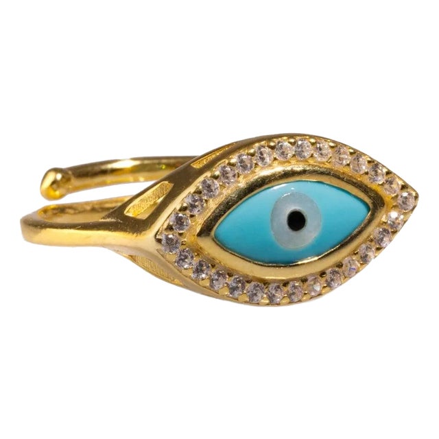 Turquoise Evil Eye & Diamond Gold Statement Ring, Adjustable For Sale