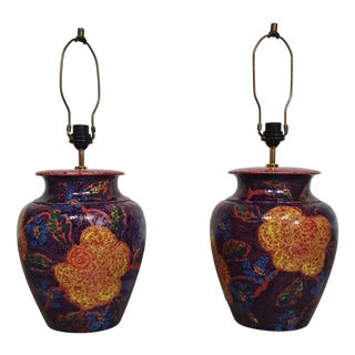 French Hand-Turned Glazed Ceramic Vase Table Lamps, Set of 2 For Sale