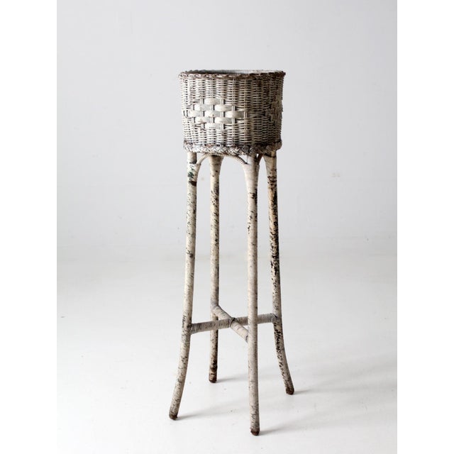 Wood Antique Victorian Tall White Wicker Planter For Sale - Image 7 of 17
