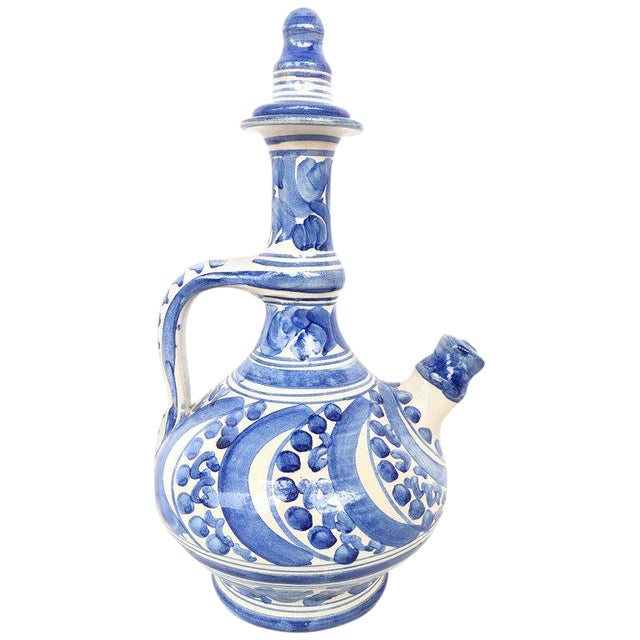 20th Century Glazed Earthenware Spanish Blue and White Painted Pitcher With Top For Sale